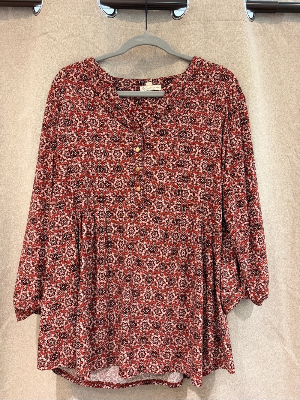 Boho Red Printed Henley Tunic Top